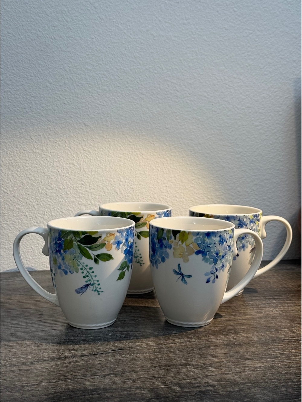 Princess House Marbella Blossom Coffee Mugs Set of 4 Hydrangea Dragonfly